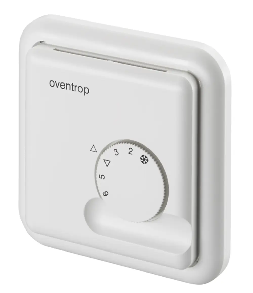 Weiße Raumthermostat von Oventrop für Unterputzmontage. Drehregler mit Skala zur Temperatureinstellung und Symbol für Kühlbetrieb.
